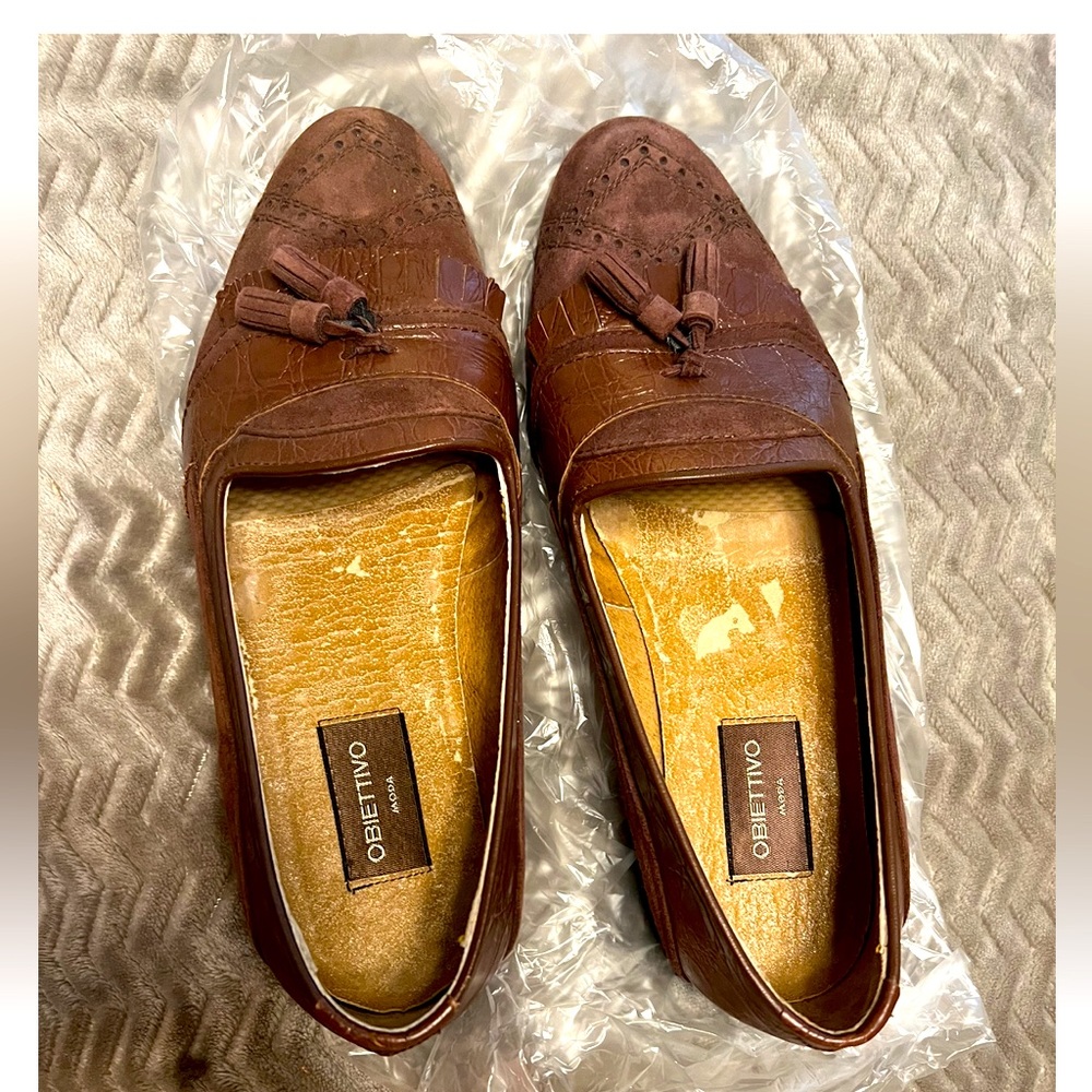 OBIETTIVO MODA Loafers Shoes Slip On Almond Toe Brown Leather Mens Size 8.5